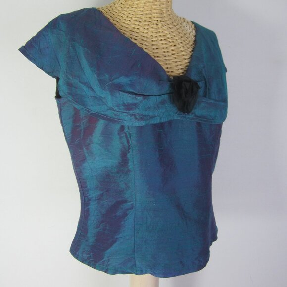 Vtg Karen Warren Women 6 Blue Silk Sleeveless Top Shirt Iridescent Rosette  S - Picture 4 of 6